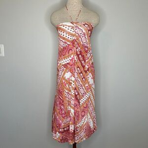 Free People Pink Orange Boho Print Tie Halter Midi Dress Beachy Coastal Small